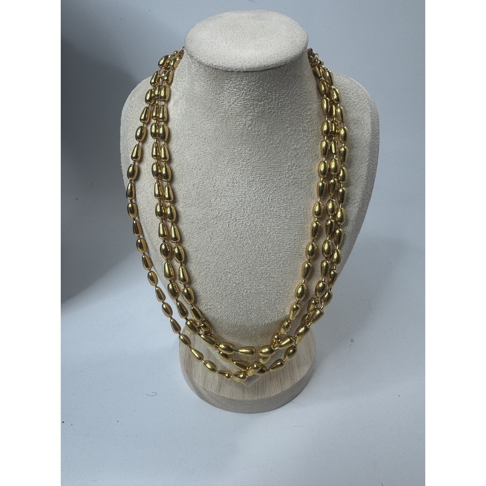Monet Gold Tone Triple Strand Teardrop Bead Tiered Statement Necklace 19 Inch